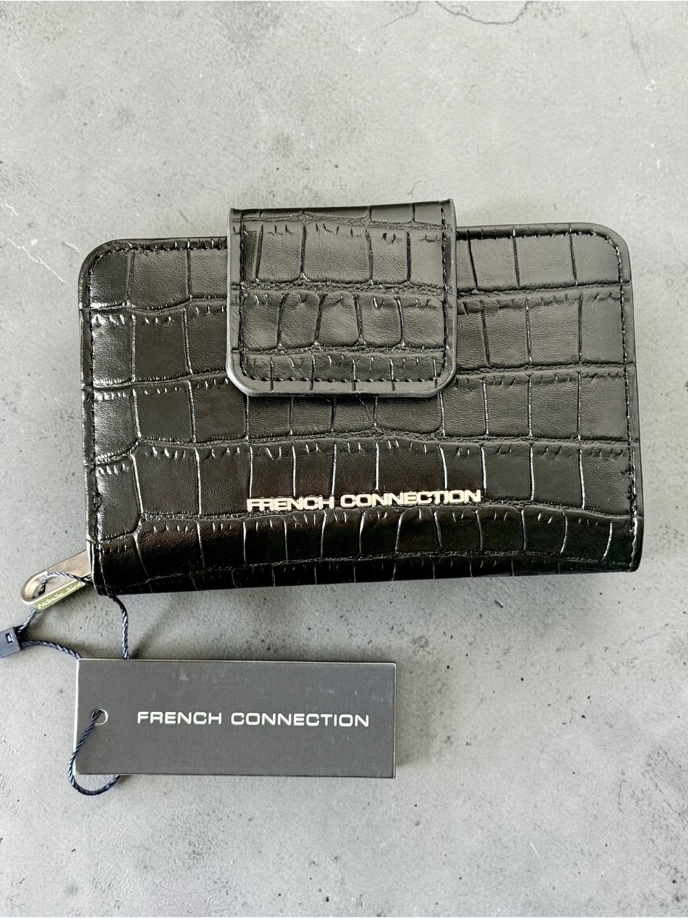 French Connection Black Emmy Croc-Embossed Fold Snap & Zipper Wallet